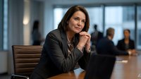 Confident middle-aged Caucasian businesswoman in dark suit sitting at conference table in modern office boardroom with colleagues in background.