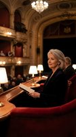 Elegant senior Caucasian woman reading program in ornate opera house theater box with chandelier and classical architecture during cultural performance.