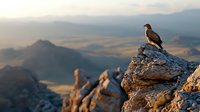 Majestic eagle perched on rocky mountain peak at sunset, overlooking vast wilderness landscape with dramatic lighting and misty mountain ranges in background.