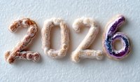Numbers 2026 made from frosted donuts with powdered sugar and colorful sprinkles on white background, creative food typography celebrating future year.