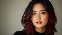 Young Asian woman with black and red ombre hair smiling confidently against neutral background. Professional portrait showcasing modern hair coloring and natural makeup style.