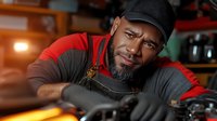African American male auto mechanic in protective workwear and cap smiling while repairing car engine in garage workshop. Professional automotive service concept.