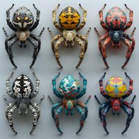 Decorative spider collection featuring six unique arachnids with ornate patterns and vibrant colors against neutral background. Artistic interpretation for nature design.
