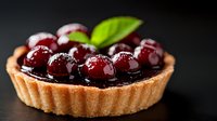 Fresh cherry tart with ripe dark cherries and green leaves on black background, sweet pastry dessert with glazed fruit filling for bakery menu.