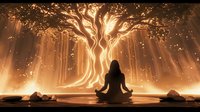 Woman meditating under glowing tree of life with golden light and mystical atmosphere for spiritual wellness and mindfulness practices.