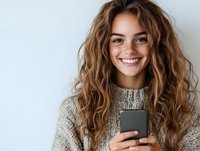 Young woman with wavy brown hair and natural freckles wearing cozy knit sweater smiles genuinely while holding smartphone against white wall background.