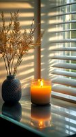 Glowing candle and dried flowers in vase on windowsill with venetian blind shadows creating cozy evening atmosphere. Soft natural lighting for home decor.