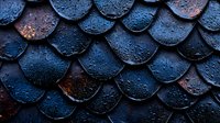 Dark wet fish scales macro background with water drops and metallic blue sheen, creating dramatic pattern with rust accents and textured surface.