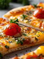 Fresh homemade pizza with melted mozzarella cheese, cherry tomatoes, herbs and spices on crispy crust, macro food photography with selective focus.