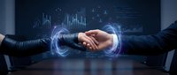 Business handshake with digital holographic data visualization and financial charts representing partnership, collaboration and technology integration.