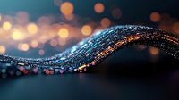 Glowing wave of sparkling particles with orange bokeh lights against dark background creates magical atmospheric effect. Suitable for festive designs.