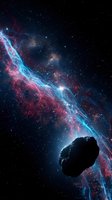 Asteroid floating through colorful nebula with bright blue and pink cosmic gas clouds against starry deep space background for science fiction projects.