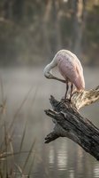 Roseate spoonbill bird perched on driftwood log over calm water in misty wetland habitat during golden hour light for wildlife photography and nature content.