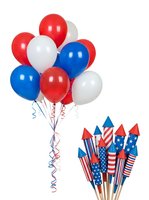 Bunch of red, white and blue balloons with patriotic firework rockets isolated on white background, suitable for holiday celebrations, party decorations and festive event design projects.