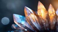 Luminous crystal cluster with orange and blue hues glowing in darkness, macro photography showing transparent quartz points with magical bokeh effect.