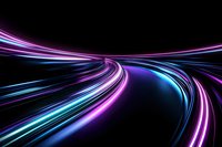 Abstract light trails curving into distance with vibrant neon pink, purple and blue streaks glowing against black background, creating dynamic motion and speed effect.