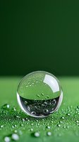 Crystal clear water droplet on green surface with air bubbles inside, surrounded by smaller droplets against dark green background.