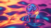 Glowing light bulb on vibrant neon background with flowing waves in purple, orange and blue colors creates futuristic technological mood for creative design projects.
