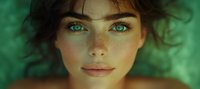 Young woman with striking green eyes and freckles gazing directly at camera against blurred green foliage background, natural makeup and dark tousled hair.