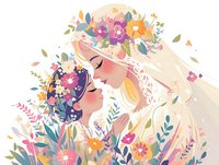 Romantic floral illustration of two women in profile with flower crowns and flowing hair surrounded by pink, orange and purple blooms and delicate foliage on soft peach background.