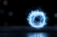 Glowing blue energy portal ring with magical particles floating over reflective surface against dark background, creating mystical atmosphere and light effects.