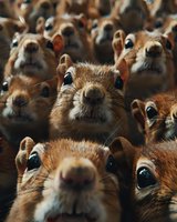 Curious squirrels looking directly at camera in close-up view, creating humorous crowd effect. Perfect for nature blogs, wildlife articles, and social media content about animal behavior.