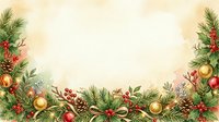 Festive evergreen garland with red and gold ornaments, pinecones, and berries arranged on cream background for holiday greeting cards and seasonal designs.