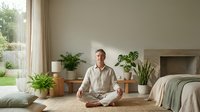 Middle-aged Caucasian man meditating in serene bedroom with houseplants. Peaceful morning wellness routine in modern minimalist interior design.