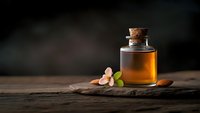 Glass jar with cork stopper containing golden honey on rustic wooden surface with almonds and green leaves against dark moody background for natural organic products.