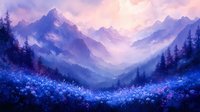 Mystical mountain landscape at dawn with blooming blue wildflowers in valley, purple fog and misty peaks surrounded by pine forest in dreamy atmosphere.