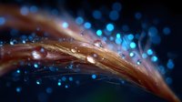 Delicate brown feather with water droplets against dark background with blue bokeh lights creating magical atmosphere and ethereal mood.