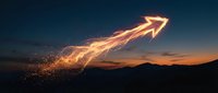 Fiery arrow streaks across twilight sky with glowing sparks and light trails over mountain silhouette at dusk for business growth and success concepts.