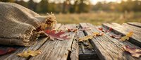 Autumn leaves scattered on weathered wooden table with burlap sack in warm golden sunlight creating cozy seasonal atmosphere for fall decorating projects.