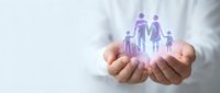 Hands protecting glowing purple family silhouettes representing life insurance, healthcare coverage, and family protection services concept.