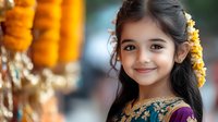 Young girl with dark hair and South Asian ethnicity wearing traditional purple and gold embroidered clothing with decorative gold accessories, smiling at camera with blurred festive lights in background.