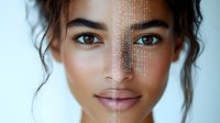 Close up portrait of young mixed race woman with glowing digital pattern overlay on face representing artificial intelligence and facial recognition technology.