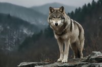 Majestic gray wolf standing on rocky ledge against backdrop of misty mountain forest landscape in winter, showcasing wildlife in natural habitat.