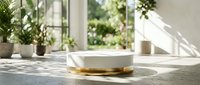 Modern white ceramic bowl with wooden base on marble countertop in bright kitchen with natural sunlight and green plants creating peaceful home atmosphere.
