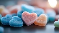 Heart shaped sugar coated gummy candies in pastel pink, blue and peach colors on dark surface with soft focus background, sweet food photography.