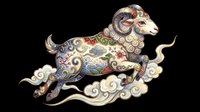 Ornate Chinese zodiac ram leaping over clouds, decorated with colorful floral patterns. Isolated on transparent background, ready for stickers, t-shirt design, and print on demand.