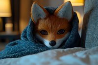 Red fox wrapped in cozy blue blanket looking directly at camera with bright blue eyes against warm ambient lighting, creating intimate portrait mood.