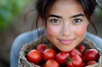 Young Asian woman with natural makeup and freckles holding wicker basket full of fresh red ripe tomatoes from garden harvest, close up portrait outdoors.