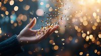 Female hand gently releasing golden glitter against dark background with magical bokeh lights creating dreamy atmospheric effect. Concept of celebration and wonder.