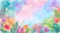 Watercolor floral frame with vibrant flowers, tropical leaves, bubbles and sparkles on soft pastel background. Isolated design element for invitations, cards and creative projects.