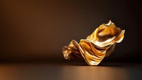 Elegant golden fabric flowing in waves against dark brown background, creating luxurious abstract sculpture-like form with dramatic lighting.