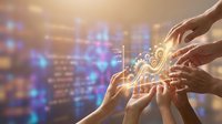 Hands reaching together holding glowing digital key with circuit patterns symbolizing teamwork, collaboration, and technological innovation in business.