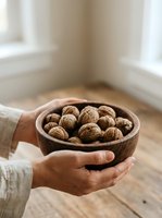 Person holding wooden bowl filled with walnuts in shell, displaying organic nuts for healthy snacking, cooking ingredient, or nutritional food content for wellness and lifestyle design projects.