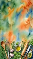 Watercolor cooking background with fresh herbs, wooden utensils, and kitchen tools arranged on vibrant multicolored wash. Suitable for culinary blogs, recipe websites, and food-related designs.
