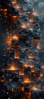 Abstract geometric composition with glowing orange light effects against dark textured background, featuring floating blocks and luminous particles. For modern design.