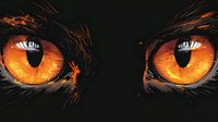 Fierce glowing orange cat eyes with detailed fur texture against dark background, dramatic lighting creates mysterious and intense feline gaze effect.